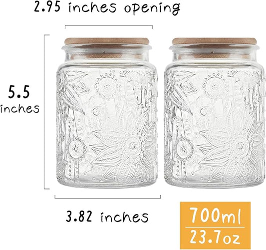 Custde Vintage Glass Jar with Bamboo Lid, 23.7 FL oz - Airtight Decorative Food Storage Canisters for Kitchen Counter, Ideal for Candy, Sugar, Coffee, Cookies (Sunflower*2)