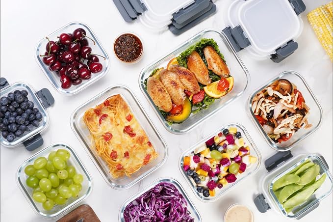 GENICOOK GC glass Food Storage Containers with Lids, Meal Prep Containers, Airtight Lunch Containers Bento Boxes with Snap Locking Lids for Microwave, Oven, Freezer and Dishwasher