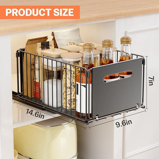 Pull Out Spice Racks for Inside Cabinets, Heavy Duty Under Sink Pull Out Organizer 2 Pack, Slide Out Drawers for Kitchen Cabinets, Bathroom, Pantry Organizers, 14.6โD x 9.6" W x 7" H, Black