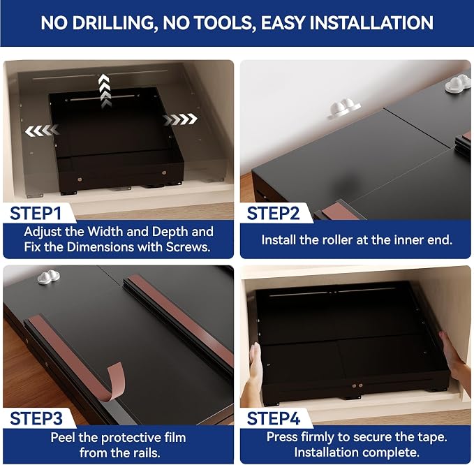 Pull out Cabinet Organizer, Full Metal Expandable Width (14.8"-20.8") & Depth (12.4"-17.7") Adjustable Slide out Drawers, No Drill Adhesive Roll out Shelves for Kitchen Pantry, Black