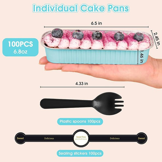 100 Pack Mini Cake Pans with Lids and Spoons, Disposable Aluminum Foil Cake Tins(6.8oz) Individual Small Cake Baking Containers for Party, Wedding, Birthday