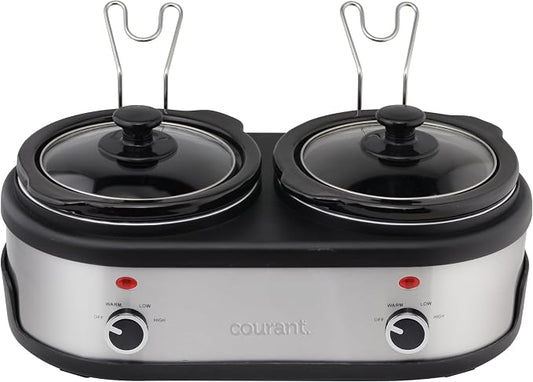Courant 3.2-Quart Double Slow Cooker(1.6-Qt each) w/Warm Settings, Stainproof Stoneware Pots and Glass Lids – StainlessSteel