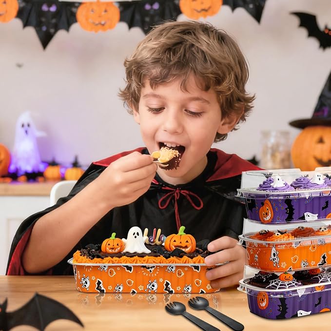 50Pack Halloween Mini Cake Pans Disposable Mini Loaf Pans with Lids and Spoons, 6.8Oz Aluminum Foil Pans Tins, Individual Dessert Cups Containers for Sales,Party,Picnics