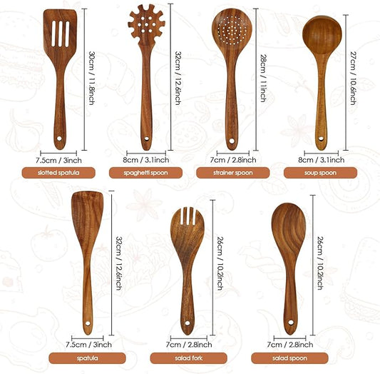comfoyar Wooden Kitchen Cooking Utenails Set, 7 Pieces Natural Teak Wooden Spoons for Cooking with Spatula and Ladle, Heat Resistant Kitchen Cookware for Nonstick Pan
