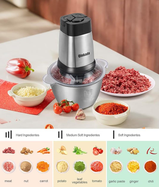 Qinkada Meat Grinder, 500W Powerful Food Processors, 8Cup Stainless Steel Bowl, 3 Speed Modes 4 Bi-Level Blades for Onion, Meat, Nuts, Fruit, Garlic, Vegetable, Baby Food