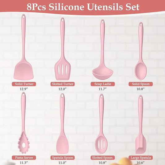 LIANYU Pink Silicone Cooking Utensils Set of 8, Non-Toxic Kitchen Utensils with Spatulas Spoons, Heat Resistant Non-Scratch Kitchen Tool, Healthy & Dishwasher Safe