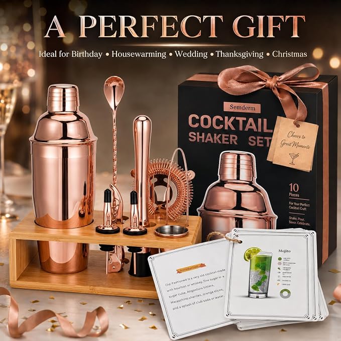 Rose Gold Cocktail Shaker Set, Premium 18/8 Stainless Steel Mixology Bartender Kit with Stylish Bamboo Stand 10-Piece Bar Tools & Accessories for Home Decor - Gift for Women, Mom, Wedding