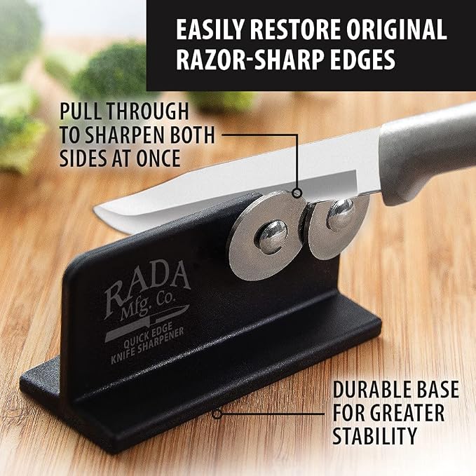 Rada Cutlery Essential Oak Block Set (S58) with Quick Edge Sharpener (R119), 8-Piece Block Knife Set and Knife Sharpener, Stainless Steel Blades, Silver Handle