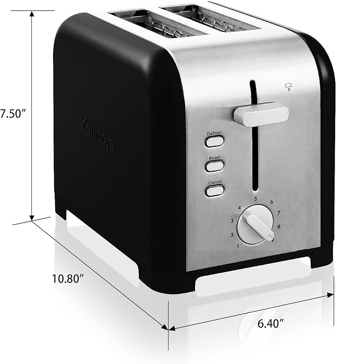 Kenmore 2-Slice Toaster, Black Stainless Steel, Extra Wide Slots, Bagel and Defrost Functions, 9 Browning Levels, Removable Crumb Tray, for Bread, Toast, English Muffin, Toaster Strudel