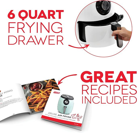 Dash Deluxe Air Fryer - Adjustable Temperature Control & Auto Shut-Off Feature - AirCrispยฎ Technology - Spacious Nonstick Basket - 1700 Watt - 6 Quarts - White