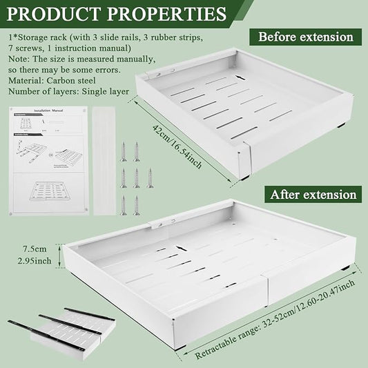 Expandable Cabinet Organizer - Quiet Sliding Pull Out Shelves 12.6"-20.5" for Kitchen (White)