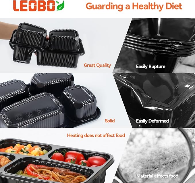 40 Pack 34oz 4-Compartment Bento Box - Shrink-Wrapped No Pre-Wash | Leak-Resistant Takeout Containers | BPA Free Shatterproof Flexible PP | Microwave Safe To Go Box, Bulk Leftover Storage