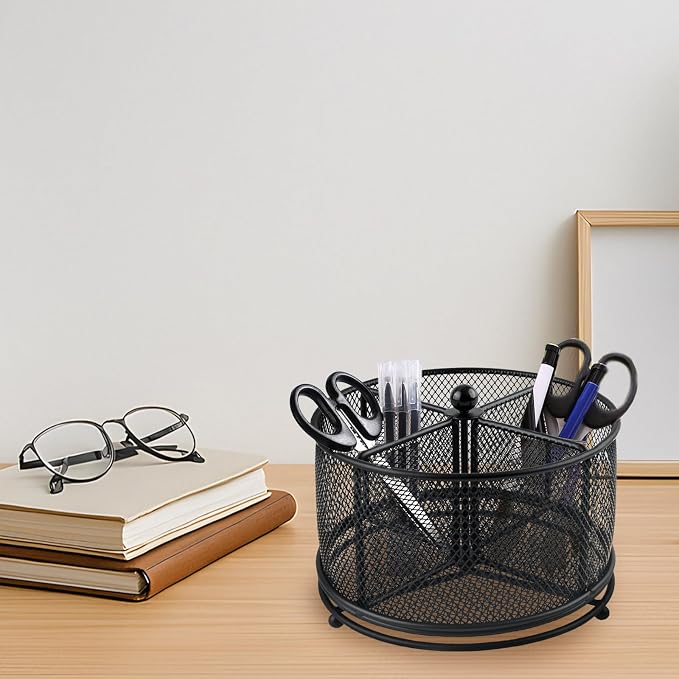360° Rotating Metal Utensil Caddy - 4 Compartment Silverware Cutlery Holder Rotation Fork Spoon Napkin Organizer Flatware Storage Basket Party Countertop Buffet Picnic Camping Outdoor Black