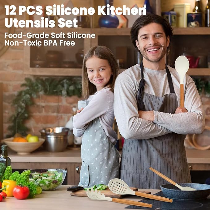 Kitchen Utensils Set - 12 Pcs Silicone Cooking Utensils Set with Wooden Handle - Heat Resistant Non-Stick BPA Free Spatula Set,Turner, Spoon, Brush, Silicone Kitchen Gadgets Utensil Set
