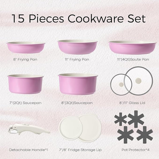 SODAY 15Pcs Pots and Pans Set Non Stick, Cookware Sets with Detachable Handle, Nonstick RV Kitchen Cooking Tools Removable Handles, Oven Safe, Induction Fast, Stackable Induction Cookware,Black