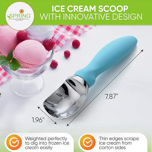 Spring Chef Heavy Duty Premium Ice Cream Scoops with Soft Grip Handle, Metal Ice Cream Scooper for Cookie Dough, Frozen Yogurt, Gelato, Sorbet, Sundae, Melon - Dishwasher Safe - 2 Pack - Aqua Sky