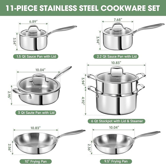 3 Ply Stainless Steel 11-Piece Cookware Set with Lids, Pots and Pans Kitchen Set, Non-Toxic, Induction, Oven, Dishwasher Safe, Professional Chef Quality