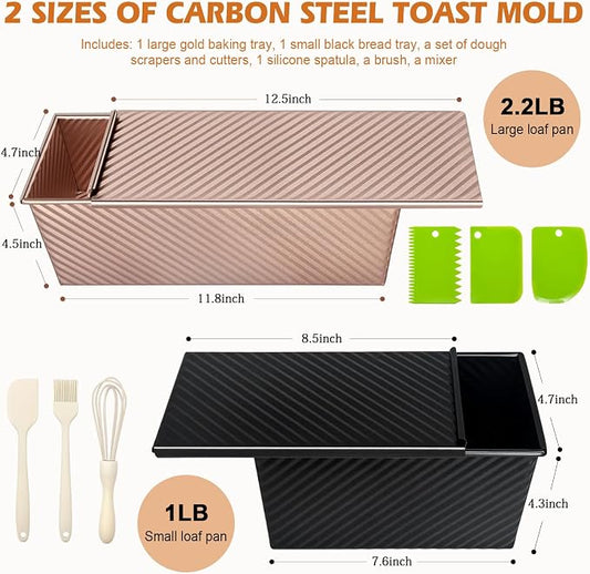 2Pack Pullman Loaf Pans with Lids โ 2.2 LB & 1 LB Dough Capacity, Non-Stick Carbon Steel Bread Pans for Homemade Sandwich and Sourdough Bread, Corrugated Toast Mold