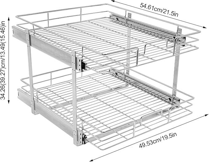 2 Tier Pull Out Cabinet Organizer 21 "W X 22 "D, Double Wire Basket Sliding Shelf, Pull Out Drawer for Kitchen Cabinets, Base Cabinet Organization for Kitchen, Bathroom, Pantry, Chrome (Silver)