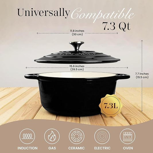 Cast Iron Dutch Oven with Lid-Non-Stick Ovenproof Enamelled Casserole Pot- Sturdy Dutch Oven Cookware - Black, 7.3- Quart, 30cm- by Nuovva