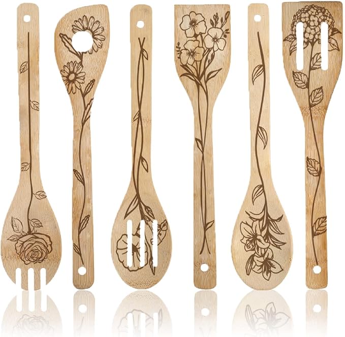 6Pcs 6 Styles Bamboo Cooking Utensils Floral Wooden Spoons 2.4 x 11.8 Inch Durable Kitchen Wood Spoons Set for Men Women Friends Housewarming Birthday Gift Wedding Apartment Essentials
