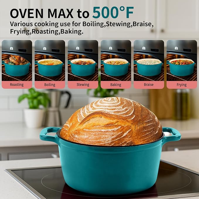 Enameled Cast Iron Dutch Oven with Lid&Silicone Grip, Round Casserole Pot for Bread Baking, Braising, Roasting,Stews,Heavy-Duty Baking Pan,Oven Safe, Induction Compatible (4.7QT,Lagoon)