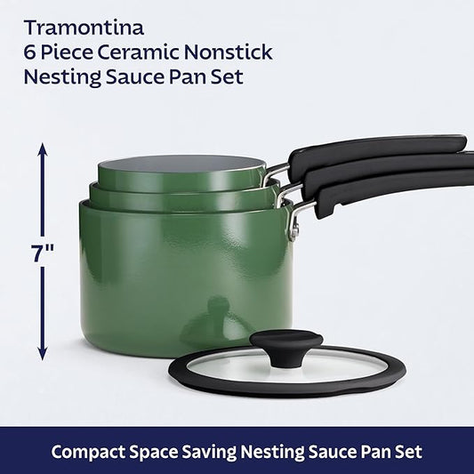 Tramontina Ceramic Non Stick 6-Piece Nesting Sauce Pan Set with Lids - Stackable Nonstick Cookware Set, Dishwasher and Oven Safe, Green
