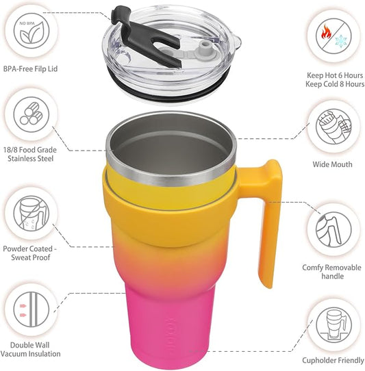BJPKPK 40 oz Tumbler With Handle Stainless Steel Insulated Tumbler With Lid And Straw Travel Coffee Cups For Women And Men,Pink Yellow Rose