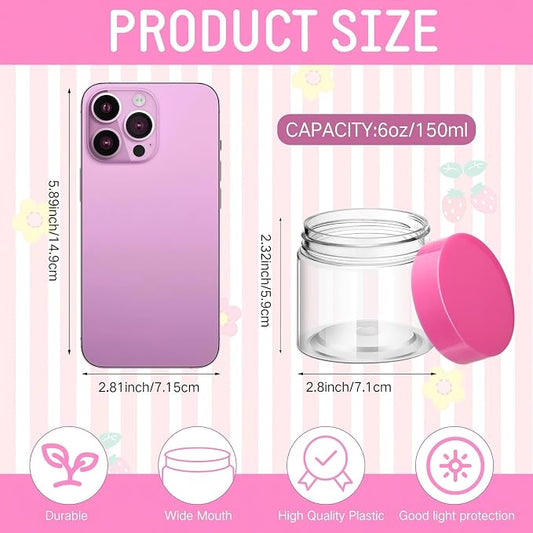 SATINIOR 24 Pieces Empty Clear Plastic Jars with Lids Round Storage Containers Wide Mouth for Beauty Product Cosmetic Cream Lotion Liquid Butter Craft and Food(Pink Lid,6 oz)
