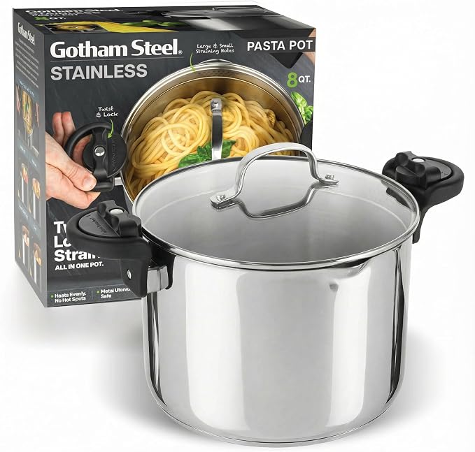 GOTHAM STEEL 8 Qt Stainless Steel Stock Pot Multipurpose Pasta Pot with Strainer Lid & Twist and Lock Handles, for Soup, Spaghetti, Rice, Induction Ready, Dishwasher Safe