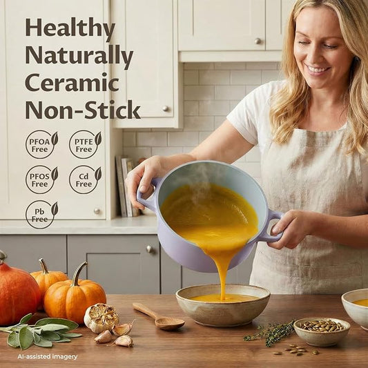 BEZIA 5.7 Quart Nonstick Ceramic Dutch Oven Style Stock Pot with Lid, Lightweight Die-Cast Aluminum Cooking Pot for Family Stew & Braising, Induction Ready Soup Pot, Oven Safe, Serves 3-5 People