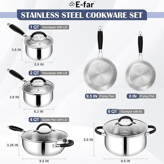 E-far Stainless Steel Cookware Set - Induction Tri-Ply Base Pots and Pans, 10-Piece Non-Toxic Kitchen Cooking Set w/Stay-Cool Handle, Frying Pans, Saucepans, Stockpot with lid, Oven & Dishwasher Safe