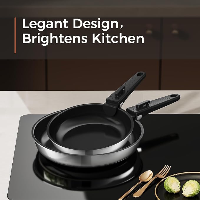 16PCS Pots and Pans Set Non Stick, Diamond-Titanium Ceramic Cookware Set & 3 Layer Stainless Steel with Detachable Handle, Induction Cookware, Non Toxic Oven/Dishwasher Safe, Black