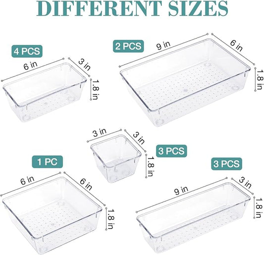 StorMiracle 13 PCS Drawer Organizer Set, 5 Varied Size Bathroom and kitchen Drawer cabinet organizer Trays, Clear Storage Bins for Makeup, Jewelry, Utensils and Gadgets