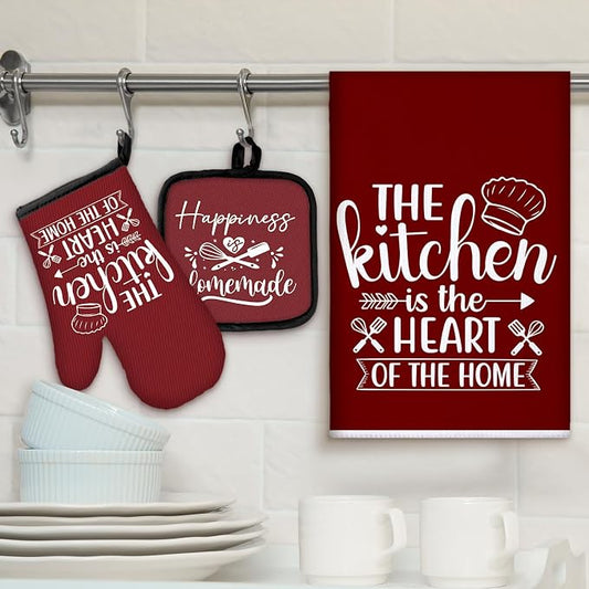 Sratte 6 Pcs Kitchen Decor Accessories Set Farmhouse Towels Pot Holders Oven Mitts Set 2 Dish Towels 2 Potholders 2 Cooking Mittens Oven Glove for Christmas Baking Cooking(Wine Red,Kitchen)