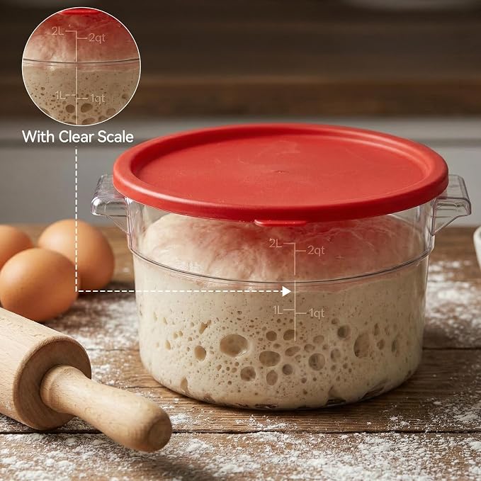 2 Pcs 2 Qt Round Food Storage Container with Lid, Dough Proofing Bucket, Clear Translucent Containers with Scale, Freezer & Dishwasher Safe, Dough Proofing Container for Pizza Bread Kitchen
