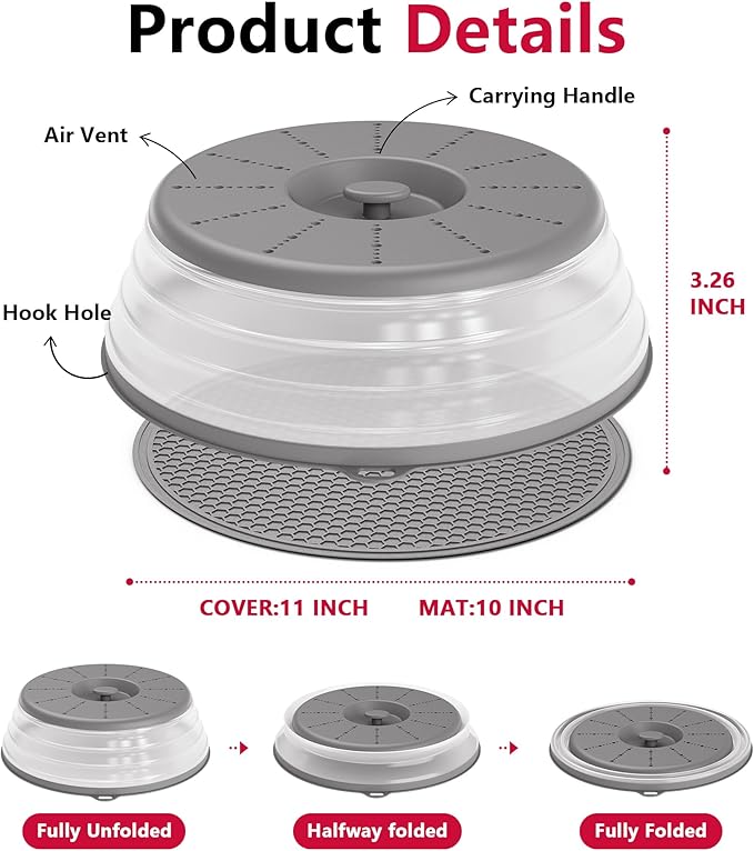 WVM Microwave Splatter Cover Vented for Food with Hook Hole, Splatter Guard & Colander Kitchen Gadget for Food, Meal Prep, Cover & Mat(Grey), M(11"x3.26")-Pack of 1
