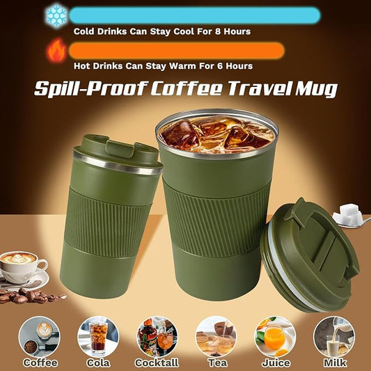 SPLMIFA Vacuum-Insulated Stainless Steel Travel Coffee Mug, Leak-Proof Reusable Coffee Cup with Lid - Keep Hot & Cold Drinks for Hours, Durable Insulated Tumbler for Men & Women(3rd-Green, 12OZ)
