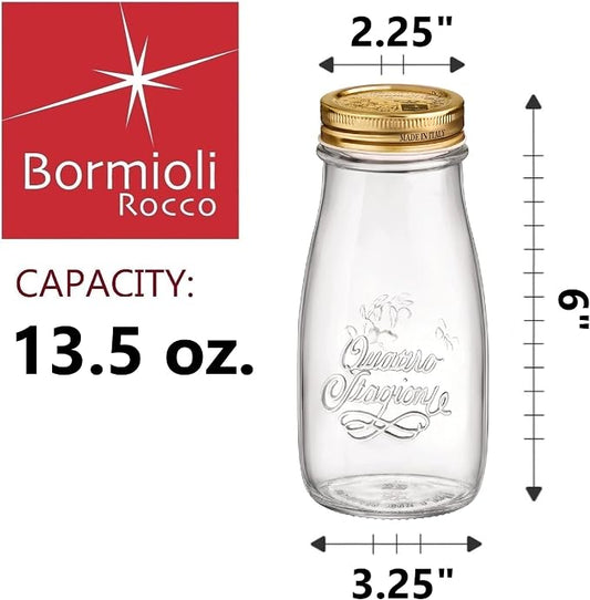 Bormioli Rocco Quattro Stagioni, Glass Canning Jar and Drinking Bottle, 13.5 Oz. with Gold Metal Airtight Lid, Made in Italy.