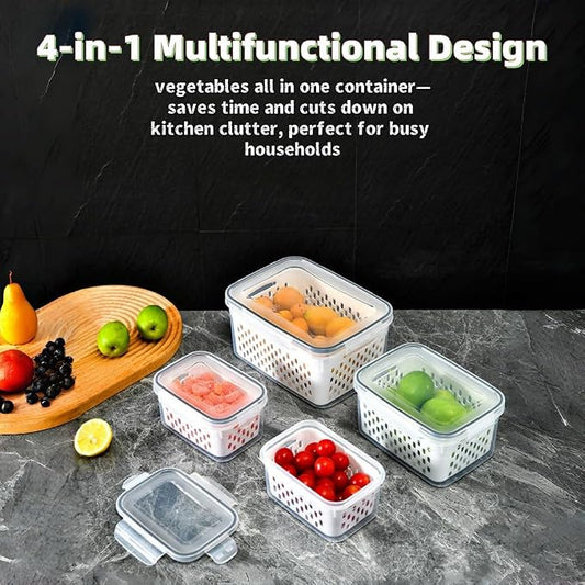 4 in 1 Food Storage Containers with Lids, Food Storage Containers With Lids Airtight, With Removable Colander, For Fruits & Vegetables, Easy to Soak, Clean, Drain and Store (Blue, S+M)