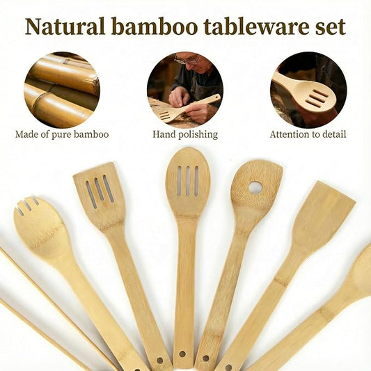 Bamboo Cooking Utensils 8-Piece, Wooden Kitchen Tools with Holder, Non-Toxic Natural Spatula & Spoon Kit with Turner, Slotted Spoon, Ladle, Tongs & Salad Fork