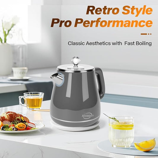 Retro Electric Kettle 1.8L, All Stainless Steel Hot Water Electric Kettle for Boiling Water, BPA Free Tea Kettle, 1350W Fast Boil, Auto Shut Off & Boil-Dry Protection