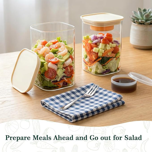 LIBWYS 39oz Large Glass Salad Jars with Lids Meal Prep, 2pack Square Glass Containers for Home Storage & Lunch, Built-In Leakproof Compartments, Wet/Dry Separation for Salad Dressing & Ingredients