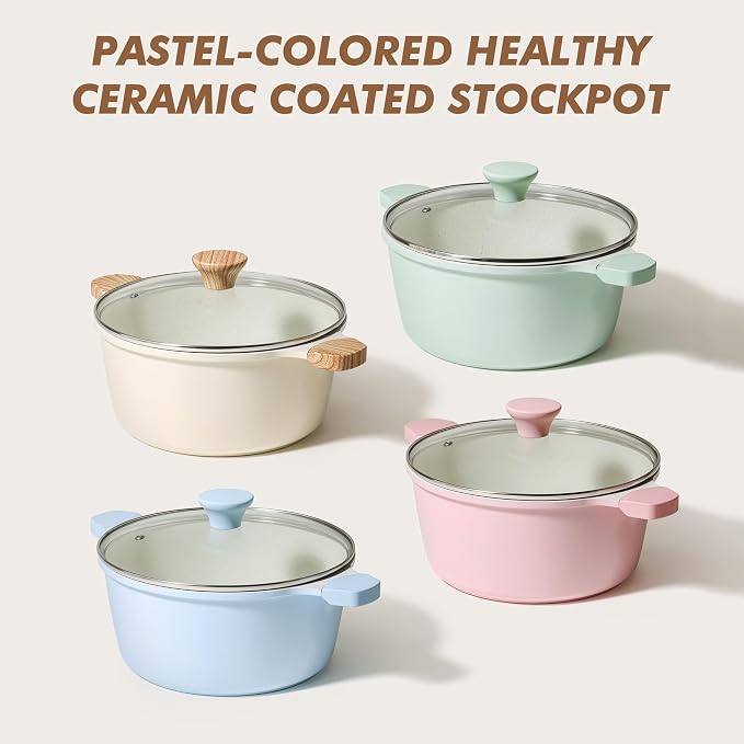 SENSARTE Ceramic Nonstick Stock Pot with Lid, 4.5 Quart Induction Cooking Pot with Tempered Glass Lid, Stew Pot for Soup and Oatmeal, Pasta Casserole, PFOA PFAS PTFE Free, Creamy White