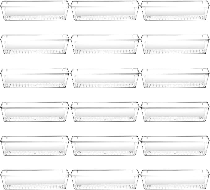 18 Pcs Clear Plastic Drawer Organizer 9 x 3 x 2 Inches Kitchen Bathroom Fridge Utensil Vanity Drawer Organizers Tray Makeup Storage Organizer Drawers Trays for Organization Office