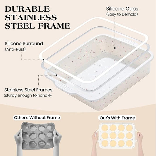 8x8 inch Silicone Square Cake Pan with Metal Reinforced Frame, Nonstick Brownie Pan for Baking, BPA Free 1 Pc(Cream)
