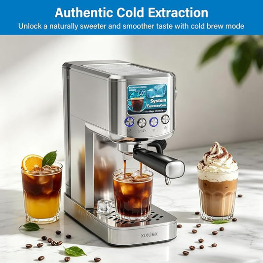 XIXUBX 20 Bar Espresso & Cold Brew Coffee Maker with Milk Frother, 42oz Removable Tank, Stainless Steel, Perfect for Cappuccino, Latte, Home & Office, Brushed Silver
