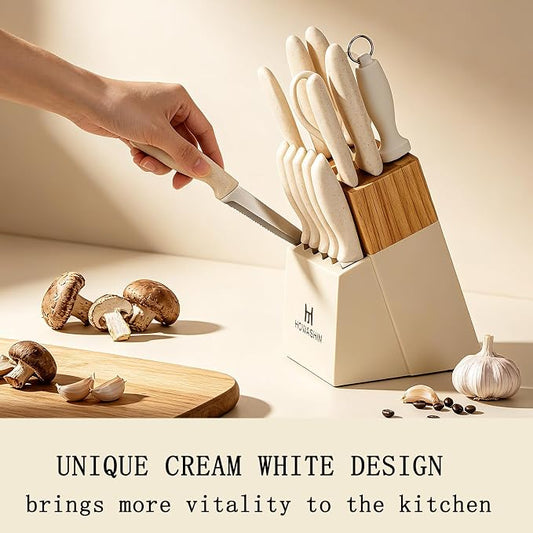 White Knife Set, 14 Pieces Kitchen Knife Set with Knife Sharpener, Knife Set with Block, High Carbon German Stainless Steel Knives Set