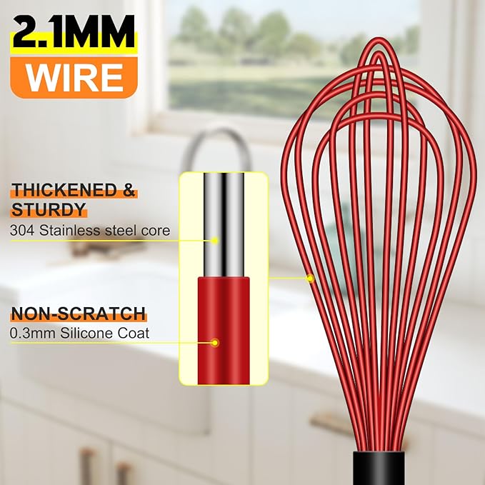 HOTEC 4 Pieces Silicone Whisks Set, Wire Balloon Whisks for cooking Egg Beater, Non-slip Handle Whisk for Non-stick Cookware Perfect for Cooking, Stirring, Beating and Blending,Red