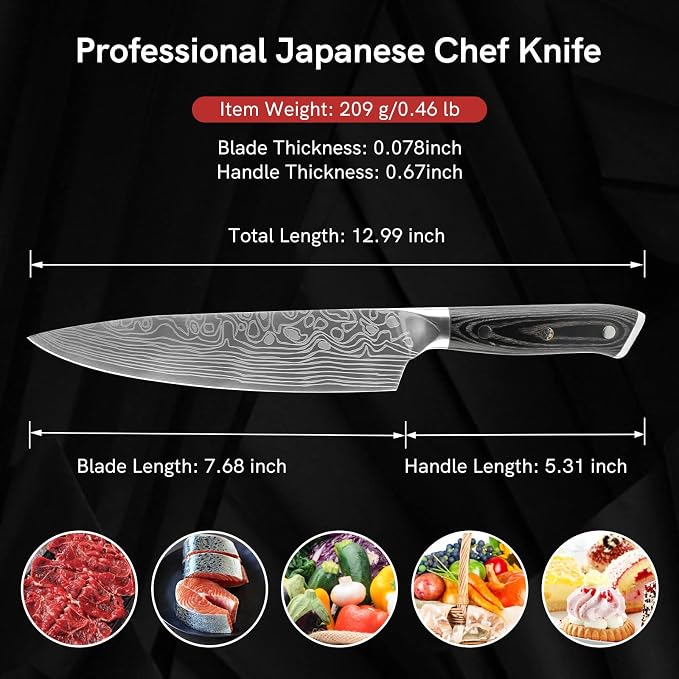 DARK EDGE 3PCS Kitchen Knives Set, 8 Inch Chef Knife with Black Sharpener and Blade Guard, Professional Kitchen Chef's Knife Set 06